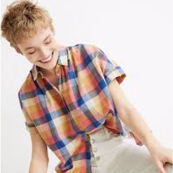 Madewell, Hilltop, Rainbow Madras Plaid, Boxy Shirt, Blue, Orange, Pink,… - Picture 5 of 14